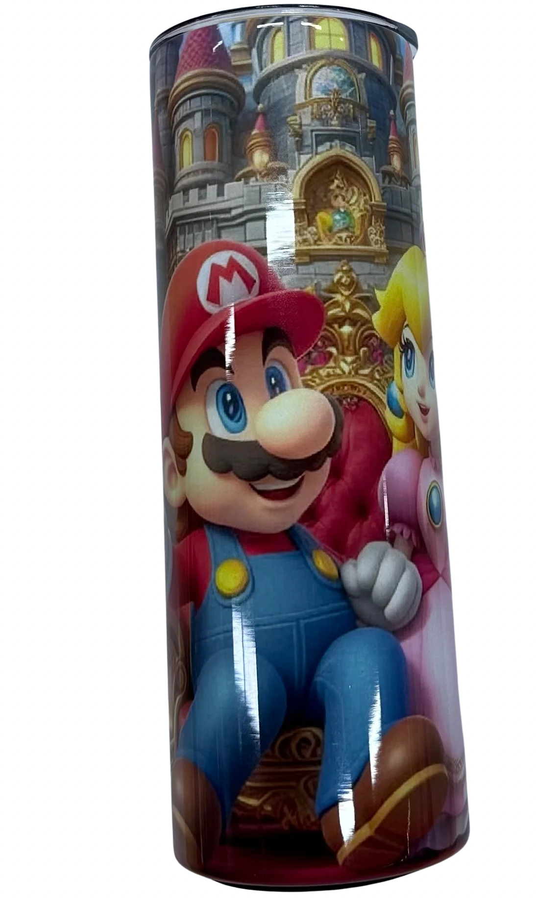 Bouteille isotherme - Super Mario et Princesse Peach, design coloré avec Mario en bleu et rouge, vue de face sur fond château royal.