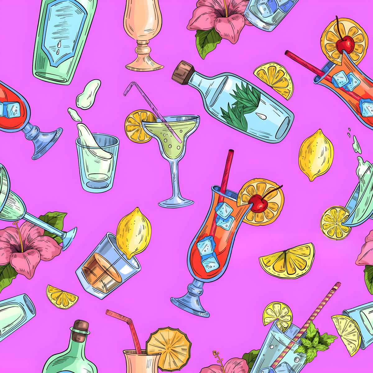 Serviette microfibre - Cocktails violet avec motifs colorés de verres de cocktails, citron, glace et fleurs, vue de détail.