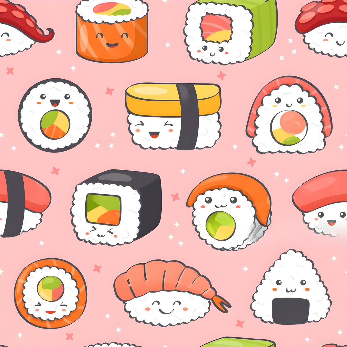 Serviette microfibre - Sushis rose avec motifs kawaii de sushis multicolores, vue de détail, textile doux pour enfant.
