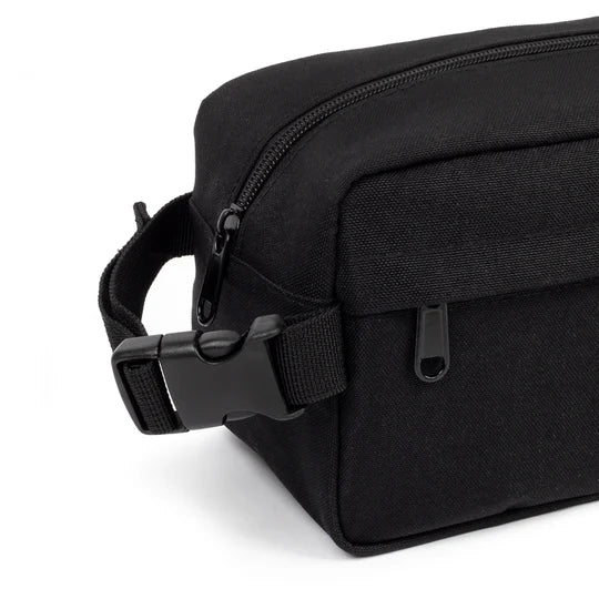 Grand sac à collation congelable - Execo Noir en tissu résistant avec pochette avant, clip latéral, vue gros plan détail matériel