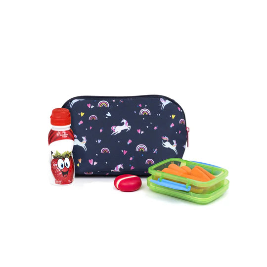 Sac à collation congelable - Execo Licorne bleu marine avec motifs licornes et arcs-en-ciel, pour enfant, vue de face