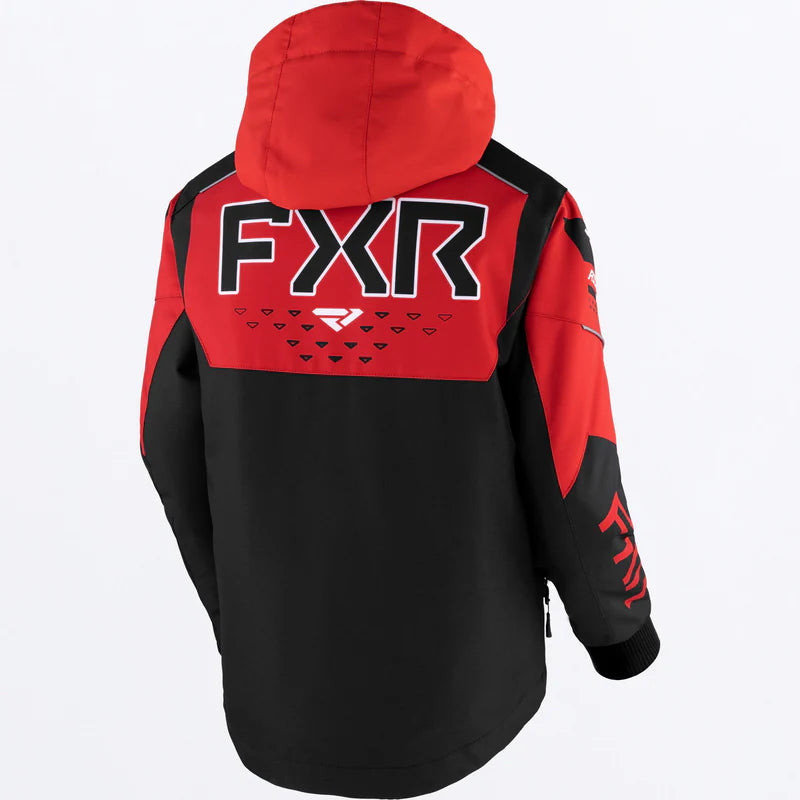 Manteau d'hiver - FXR noir et rouge avec capuche, logo imprimé au dos, style garçon, vue de dos.