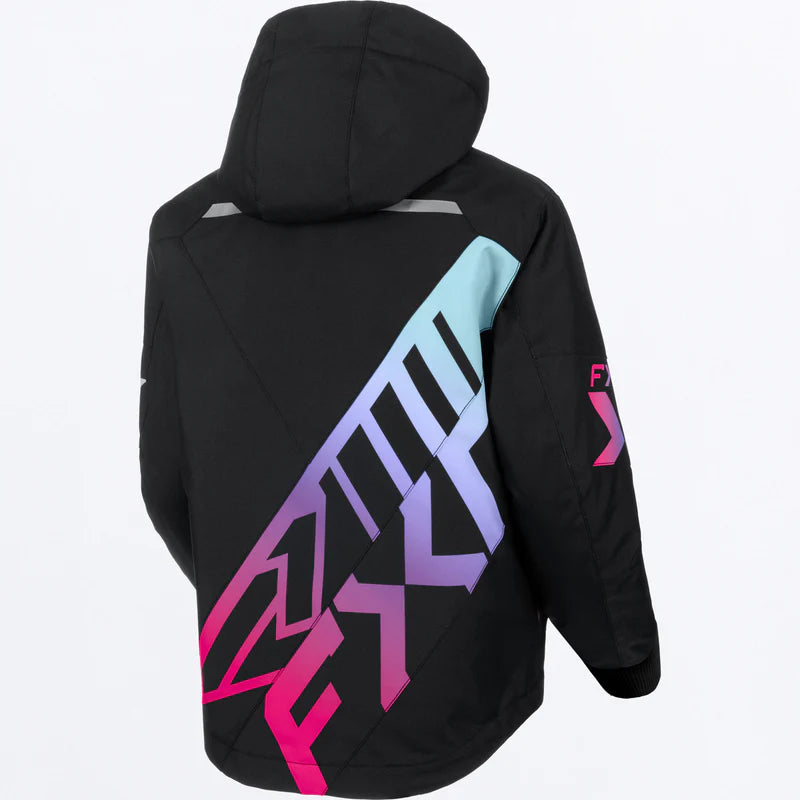 Manteau d'hiver Child Cold Cross CX - FXR noir avec logo multicolore bleu violet rose, isolé, capuche, pour fille, vue de dos