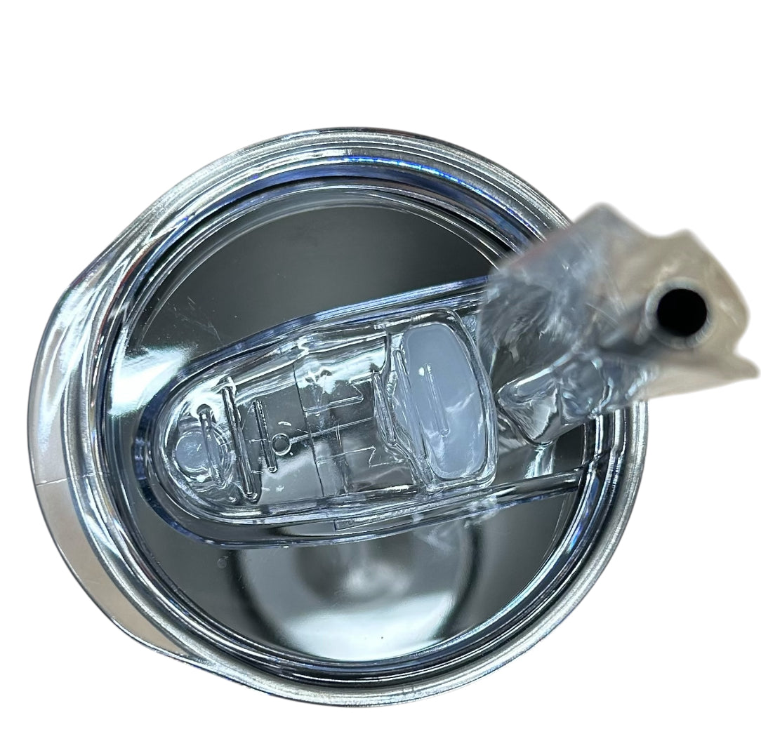 Bouteille isotherme - Gallagher vue de dessus avec couvercle transparent et paille pliable en plastique clair