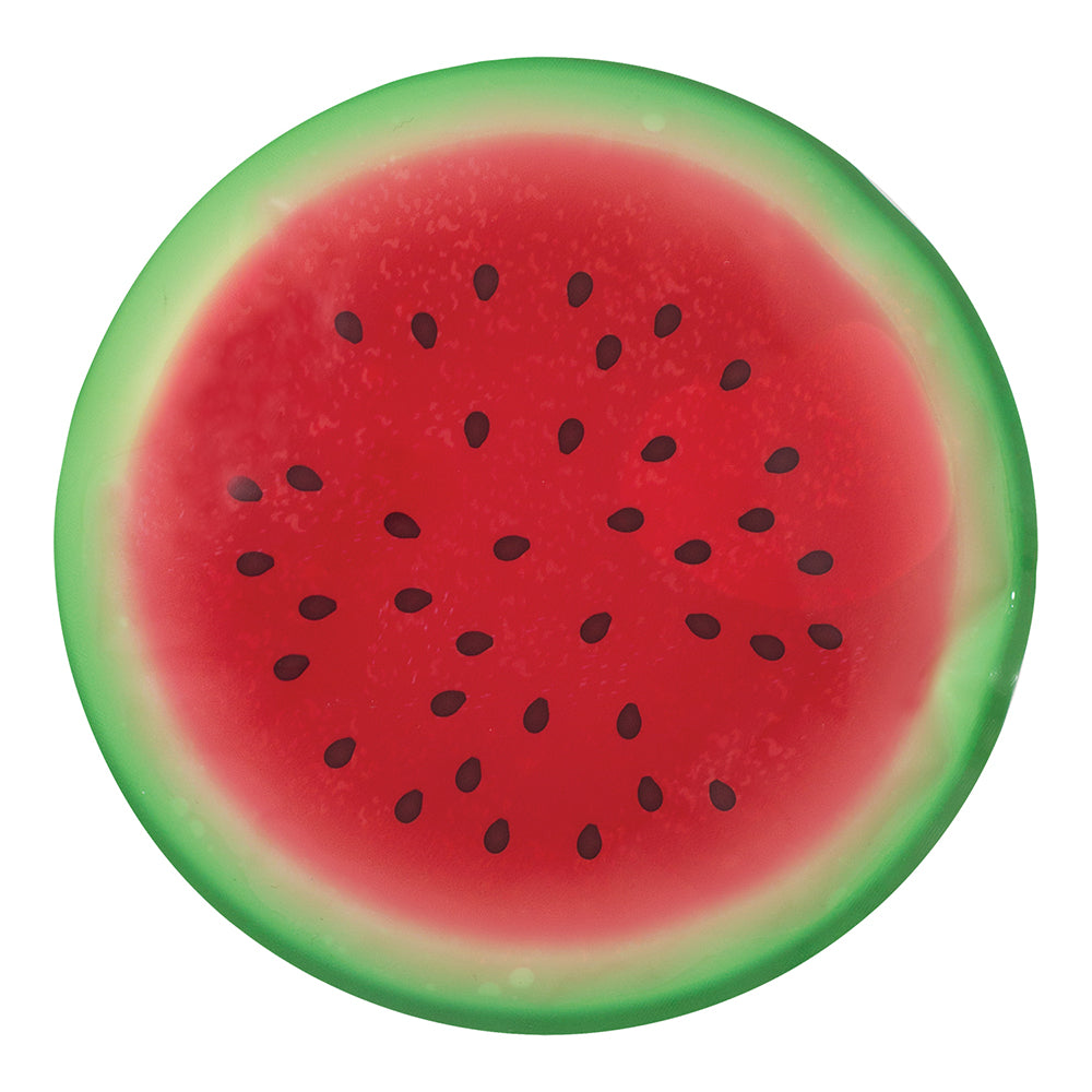 Blocs réfrigérants - Geo Melon d'eau rond rouge et vert, détail des graines noires, vue de dessus plate 15cm X 15cm.