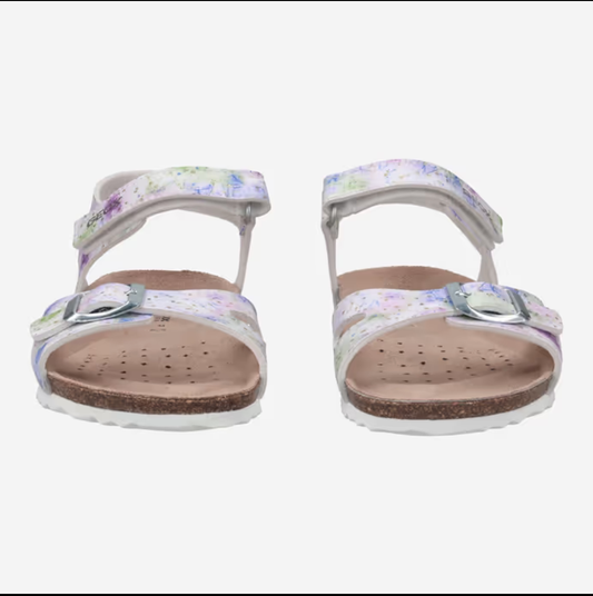 Sandales - Adriel Geox blanches à motifs colorés pastel, bride avec boucle, semelle marron, pour fille, vue de face.