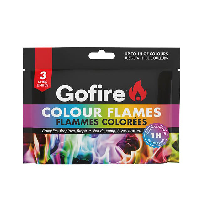 Flammes Colorées - Go Fire paquet de 3 unités, emballage noir avec dégradé de flammes bleues, vertes, jaunes, vue de face.
