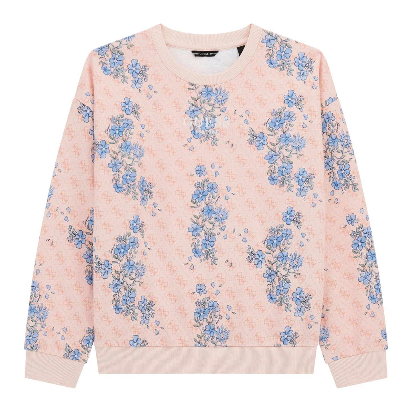 Chandail - Guess rose pâle à fleurs bleues, coton, manches longues, pour fille, vue de face.