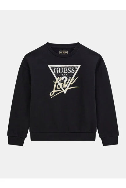 Chandail - Guess noir en coton avec logo blanc et beige, manches longues, pour fille, vue de face.