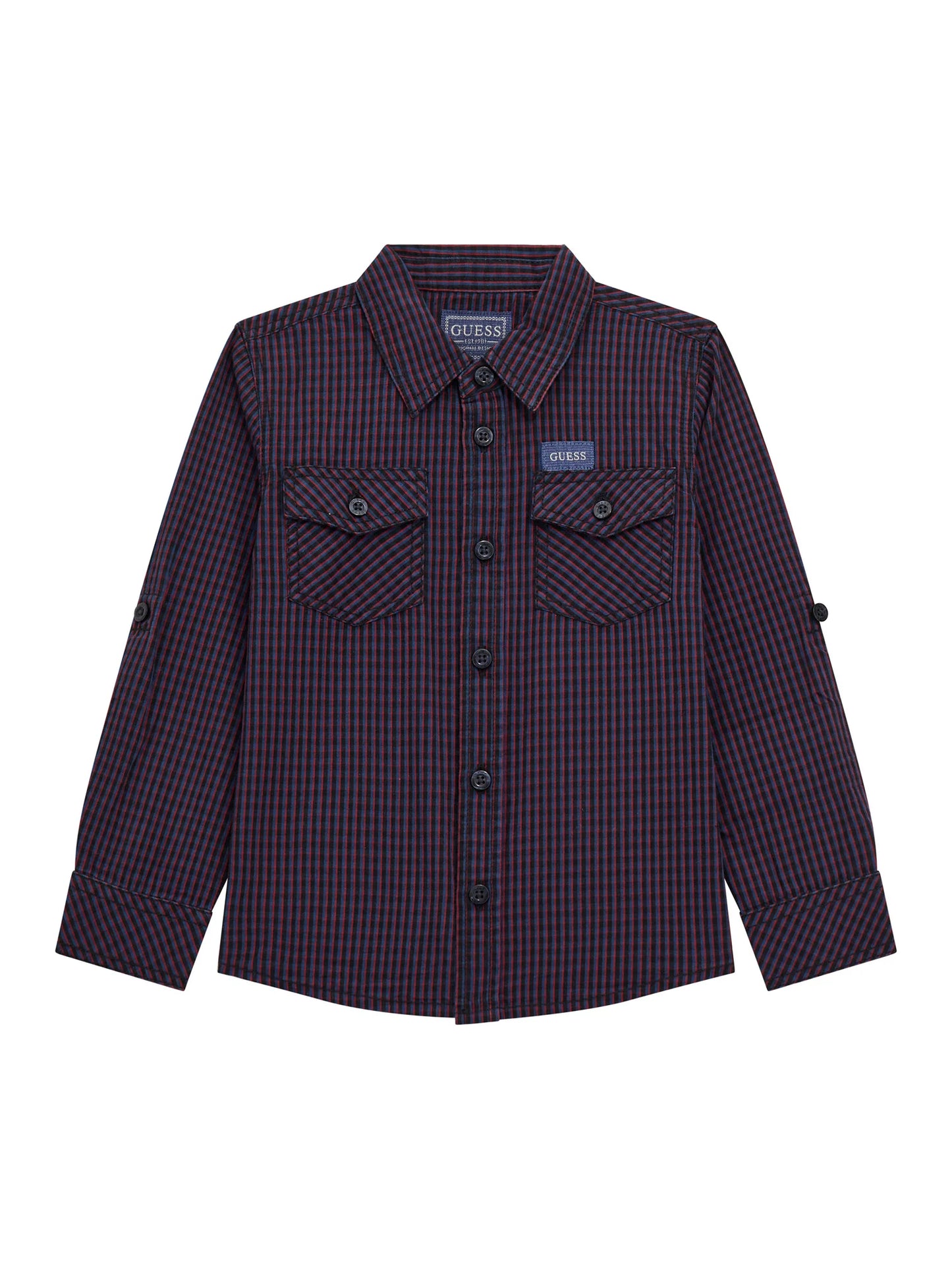 Chemise - Guess à carreaux bleu marine et rouge en coton, manches longues, pour garçon, vue de face.