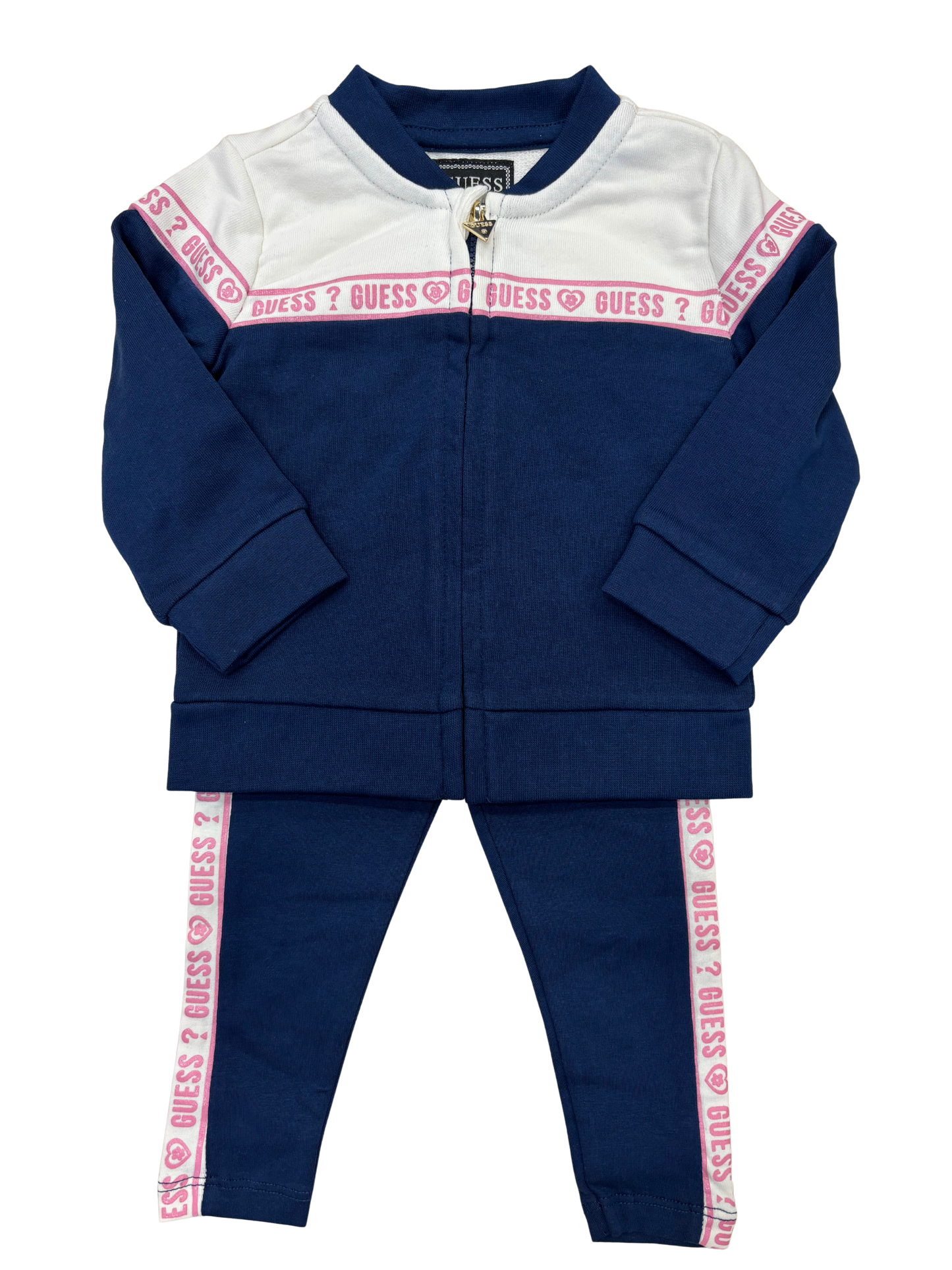 Ensemble - Guess fille bleu marine et blanc avec bande rose logo, sweat zippé et legging, vue de face.