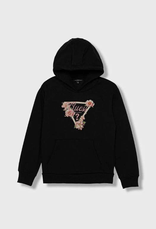 Hoodie - Guess noir avec logo triangle orné de fleurs roses, coton, pour fille, vue de face, manches longues avec capuche