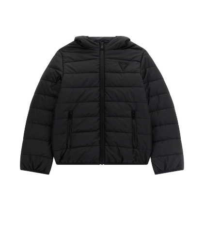 Manteau Mi-Saison - Guess noir matelassé avec capuche, fermeture zippée, pour enfant, vue de face
