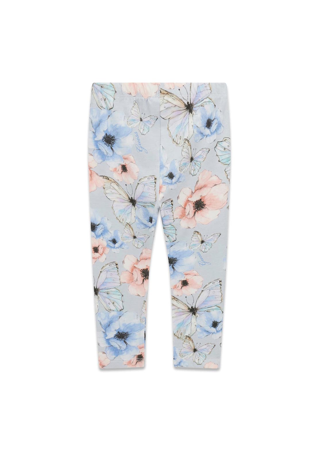 Legging - Guess en coton avec imprimé fleurs roses, bleues et papillons, pour fille, vue de face sur fond blanc.