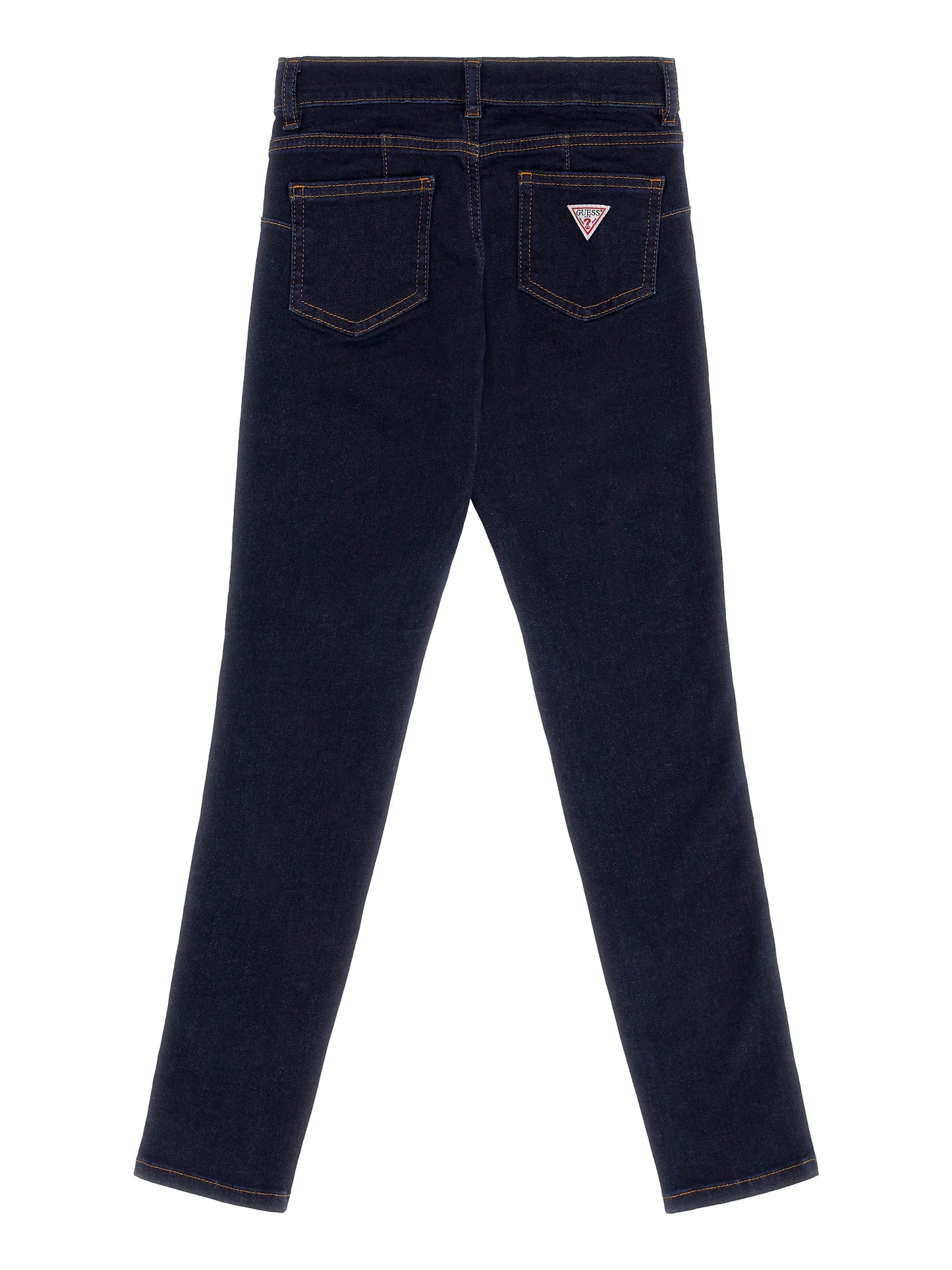 Pantalon - Guess en denim bleu foncé pour fille, coupe droite, vue de dos avec poches arrière et logo triangulaire.