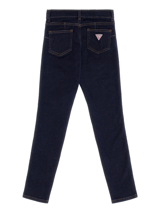 Pantalon - Guess en denim bleu foncé pour fille, coupe droite, vue de dos avec poches arrière et logo triangulaire.