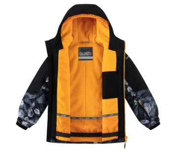 Habit de neige Ninja - Gusti noir et orange avec motif géométrique sur les manches, doublure polaire, pour garçon, vue intérieure ouverte