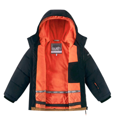 Habit de neige Paxton - Gusti noir avec doublure orange en polaire, capuche, pour garçon, vue intérieur ouverte
