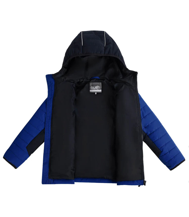 Manteau Mi-Saison - Gusti bleu roi matelassé avec capuche noire, doublure intérieure noire, pour garçon, vue de face ouvert