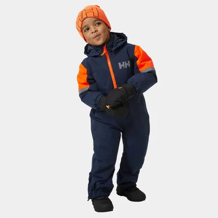 Habit de neige 1 pc - Helly Hansen bleu marine et orange, garçon, matière technique, porté vue de face avec bonnet et gants noirs.