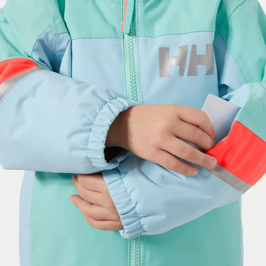Manteau d'hiver Rider - Helly Hansen bleu clair et vert menthe avec détails orange et bandes réfléchissantes, pour fille, vue gros plan manches