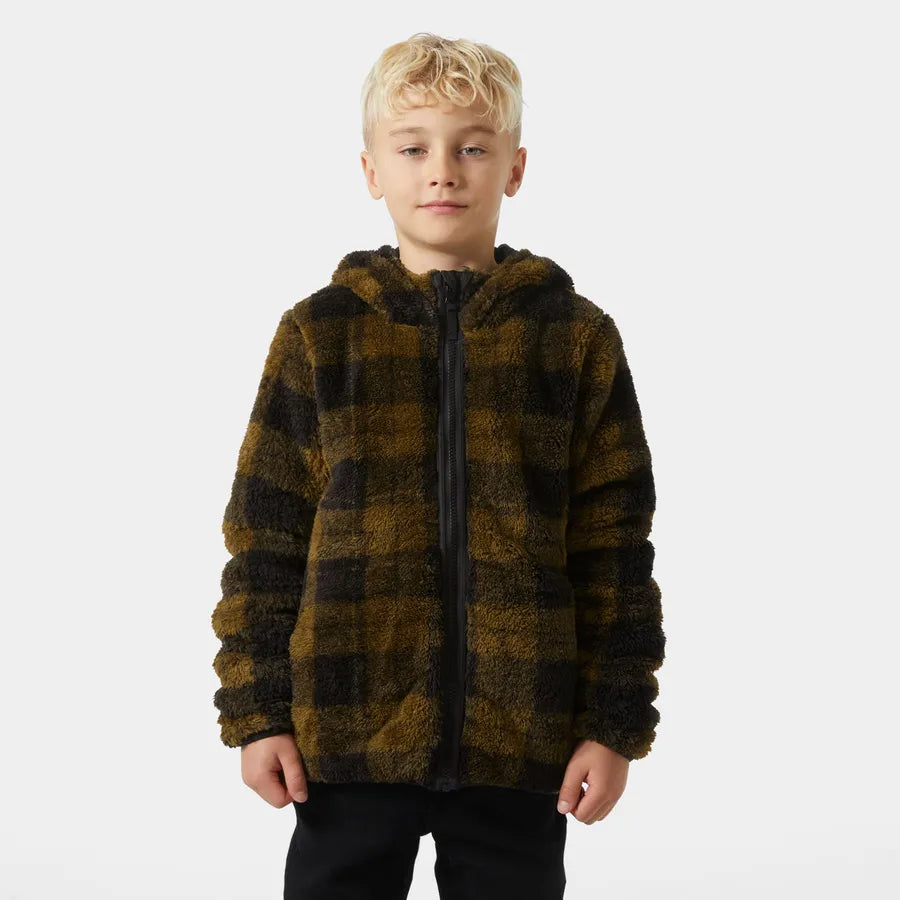 Manteau Mi-Saison Réversible - Helly Hansen à capuche en tissu peluche marron et noir à carreaux, pour garçon, vue de face portée