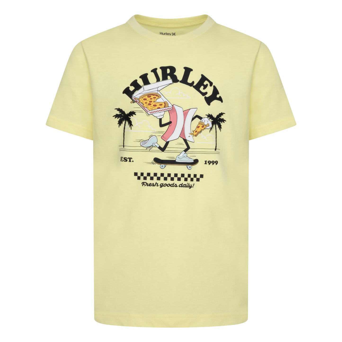 T-Shirt - Hurley jaune clair en coton polyester avec motif skate et pizza, pour garçon, vue de face.