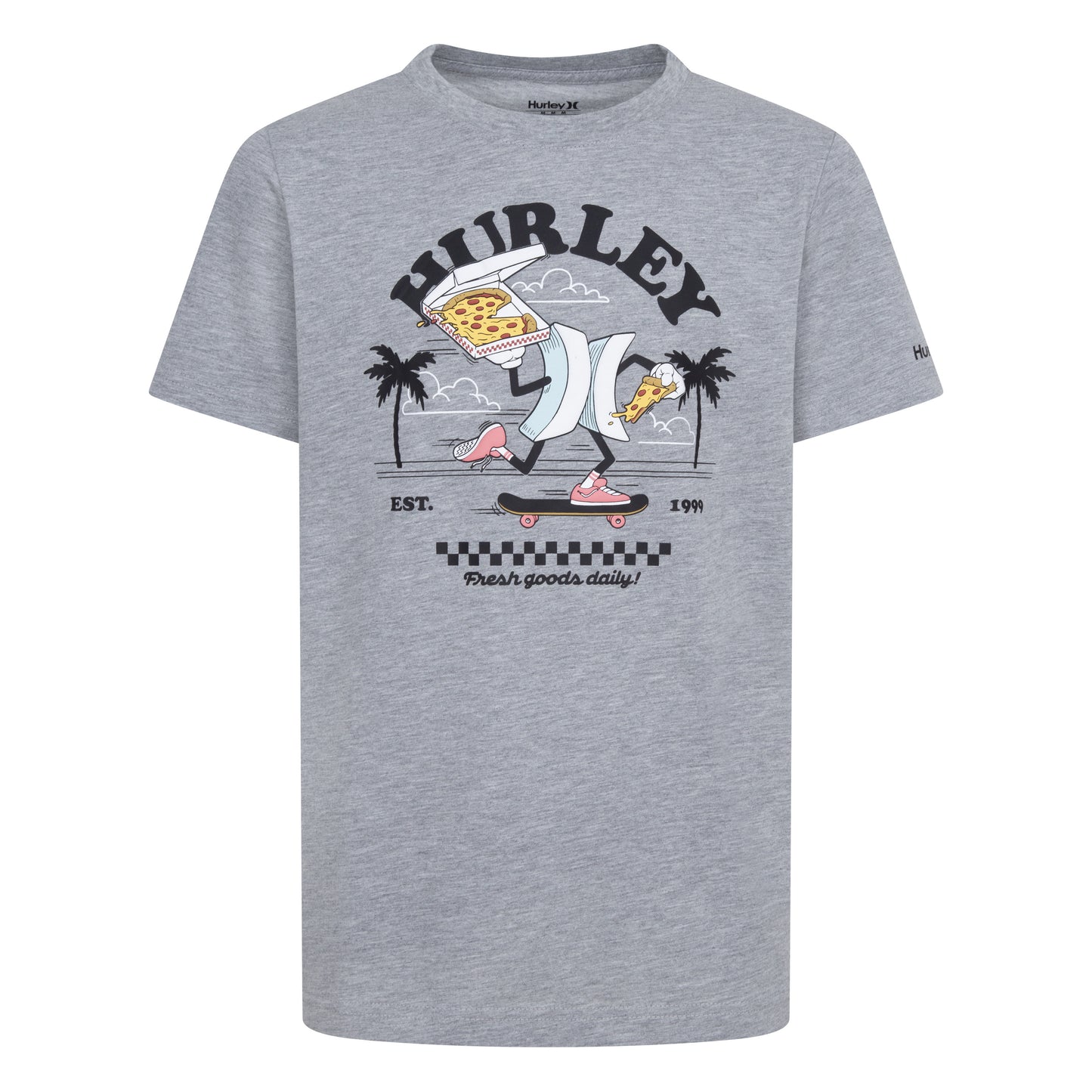 T-Shirt - Hurley gris chiné avec logo, illustration skate et pizzas, coton polyester, pour garçon, vue de face.