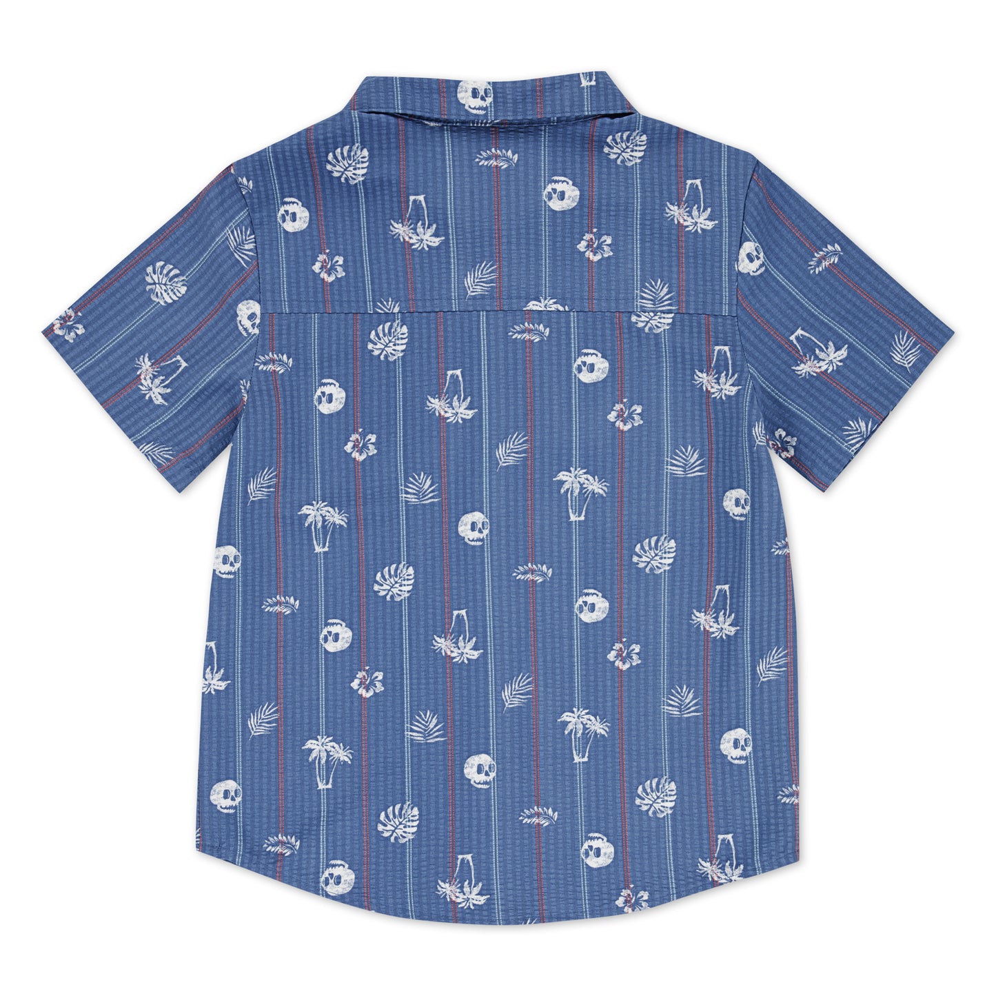 Chemise - Hurley bleu à motifs blancs tropicaux et rouges, manches courtes, polyester élasthanne, pour garçon, vue de dos.