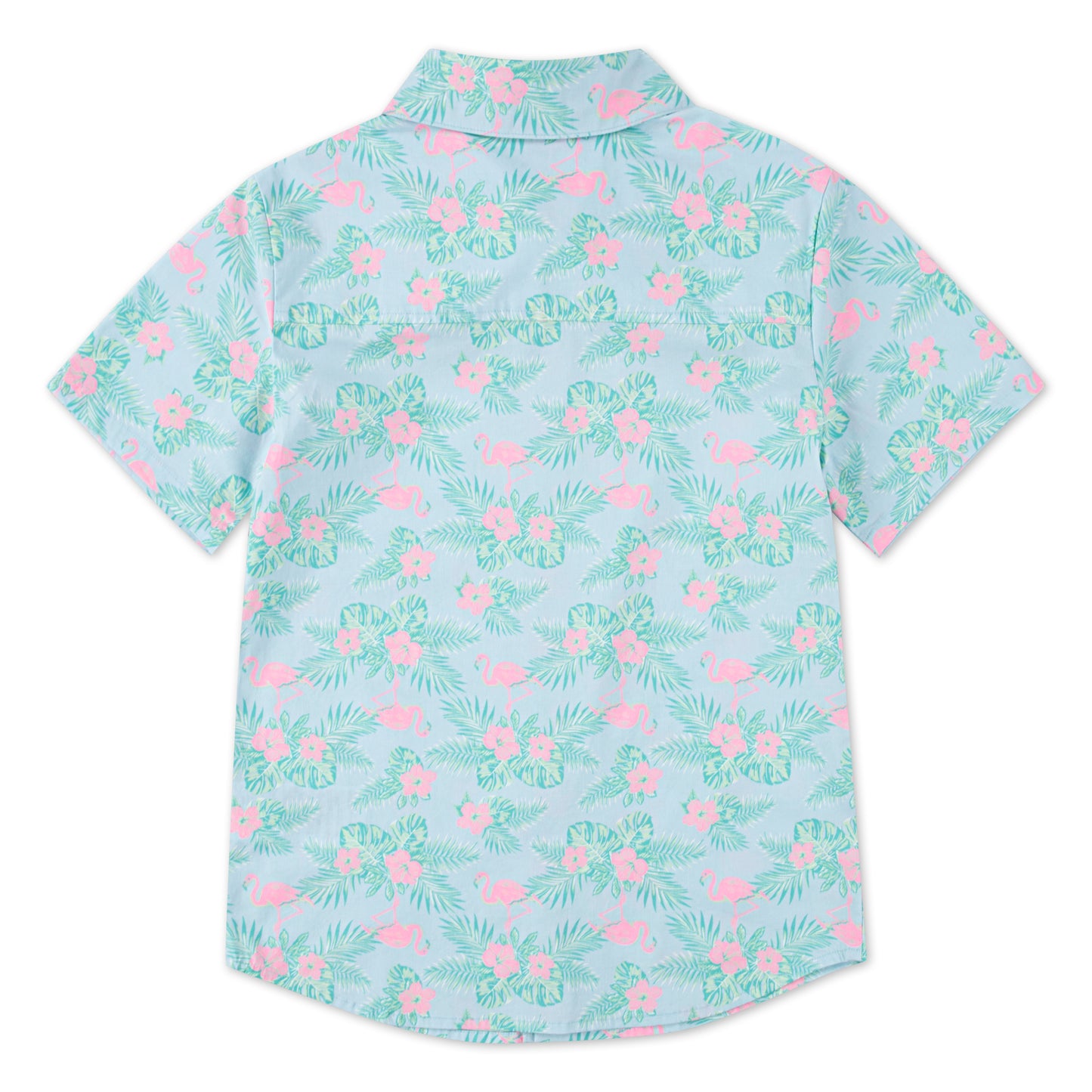 Chemise - Hurley garçon bleu clair à motifs tropicaux roses et verts, manches courtes, vue de dos.