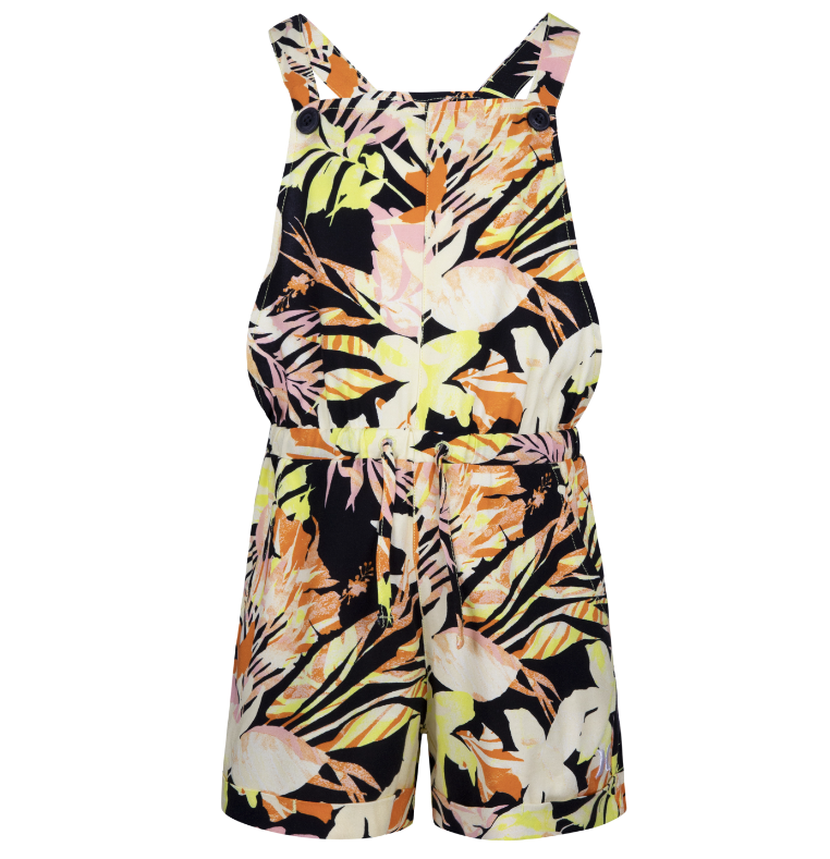 Salopette courte - Hurley fille avec motif floral orange noir jaune rose, tissu léger, vue de face.