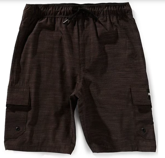 Short - Hurley marron foncé à poches cargo, tissu extensible avec cordon ajustable, pour garçon, vue de face.