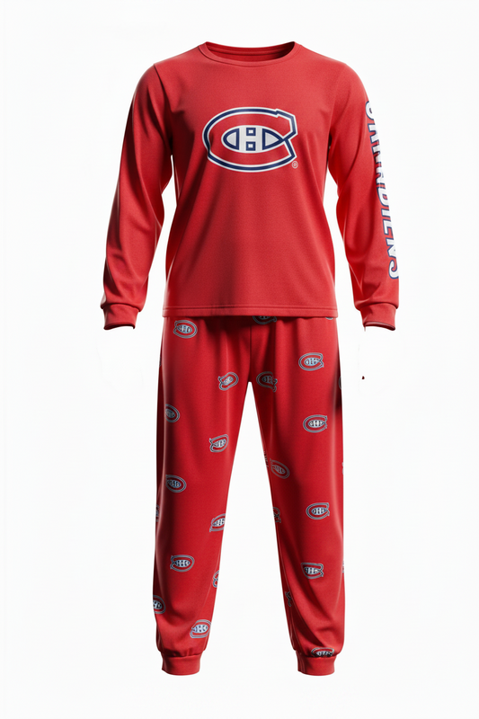Pyjama de hockey Canadiens - Hutson #48 rouge clair en polyester et élasthanne, manches longues, pour garçon, vue de face.