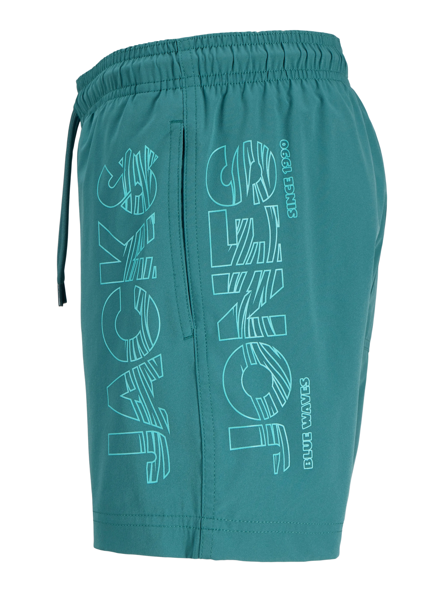 Maillot de bain - Jack & Jones short bleu vert avec logo imprimé côté, taille élastique avec cordon, vue de profil.