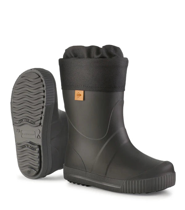 Bottes Mi-Saison Puddle Jumper - Dunlop noires avec doublure en fourrure synthétique, pour enfant, vue de face et semelle dessous.