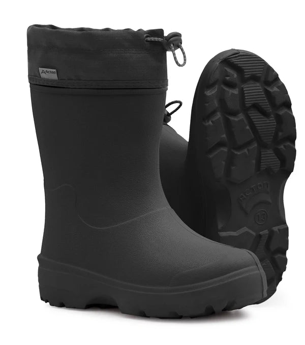Bottes Mi-Saison Squishy - Acton noires en EVA imperméable avec collet nylon à cordon, vue de face et semelle dessous, enfant garçon