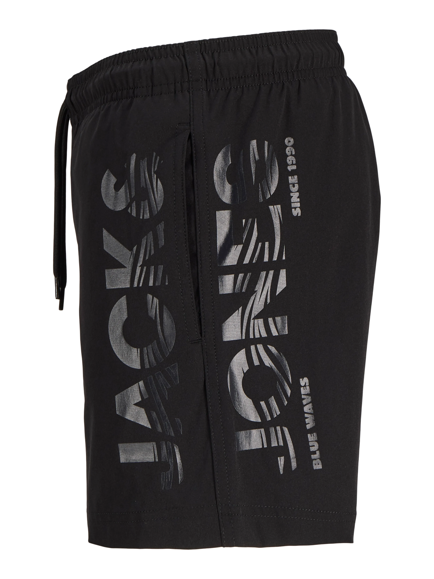 Maillot de bain - Jack & Jones short noir avec logo gris, style décontracté, vue de côté, pour homme adulte.