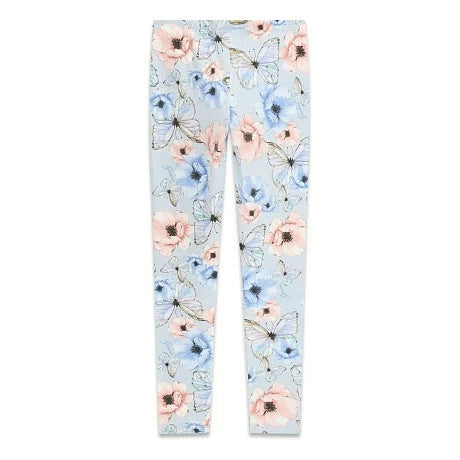Legging - Guess en coton avec motifs fleurs roses, bleues et papillons noirs sur fond bleu clair, vue de face, enfant.