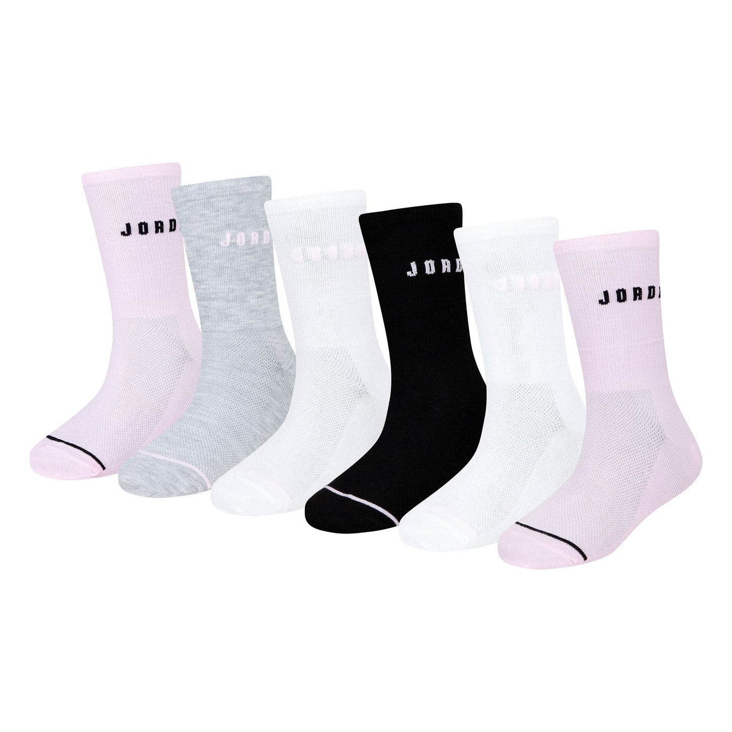 6 Paires de bas - Jordan en coton polyester rose, gris, blanc et noir, style mi-mollet, vue de profil sur fond blanc.