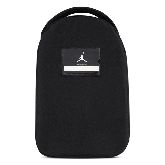 Boite à lunch - Jordan noire avec bande blanche et logo silhouette, poignée, style enfant, vue de face.