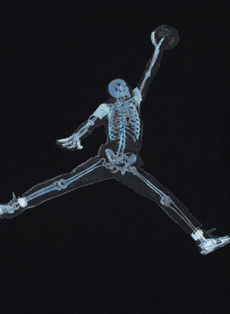 T-Shirt - Jordan noir avec imprimé squelette bleu clair en position saut, coton, pour garçon, vue détail devant