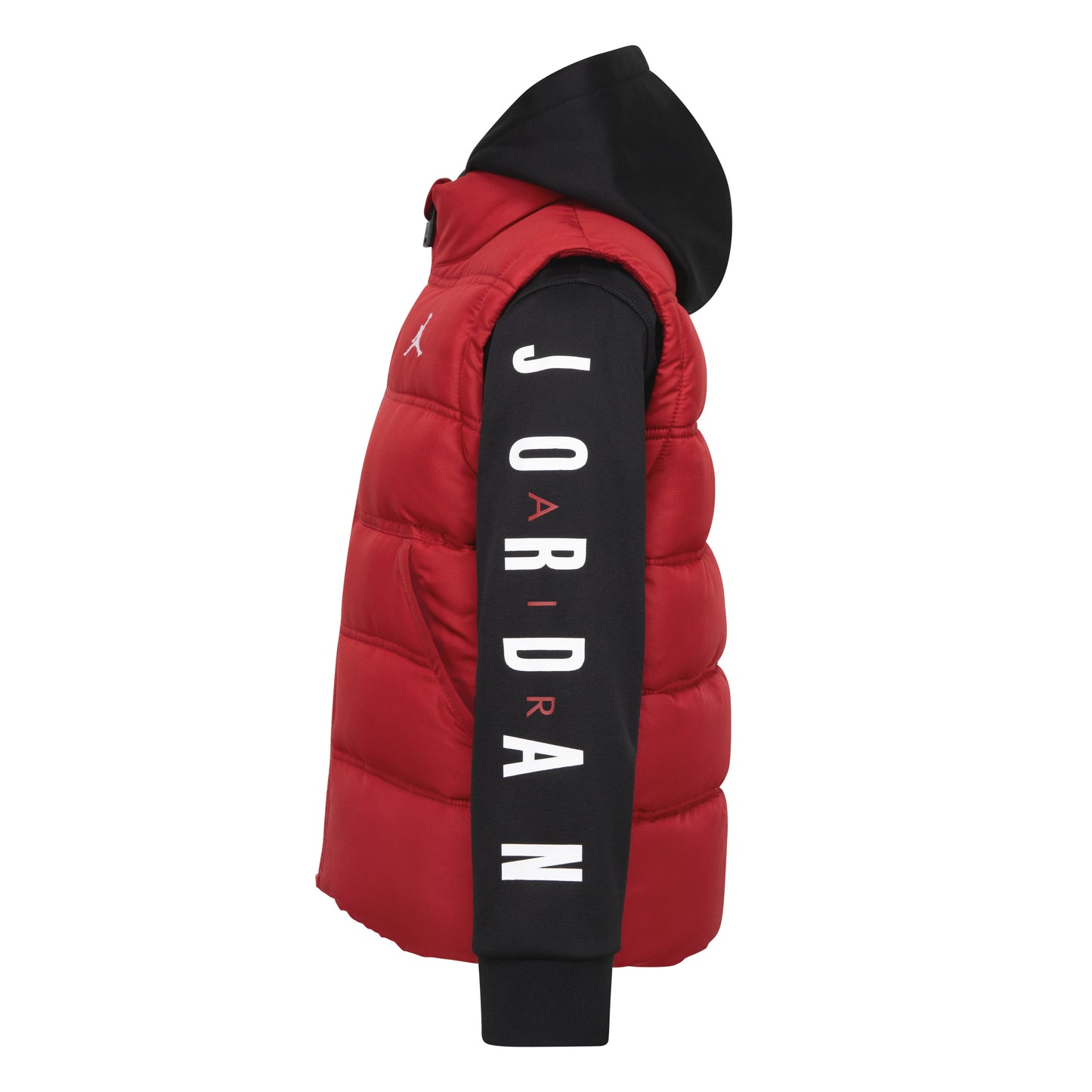Manteau Mi-Saison - Jordan rouge et noir avec capuche et manches longues, logo blanc sur manche, pour garçon, vue de profil gauche