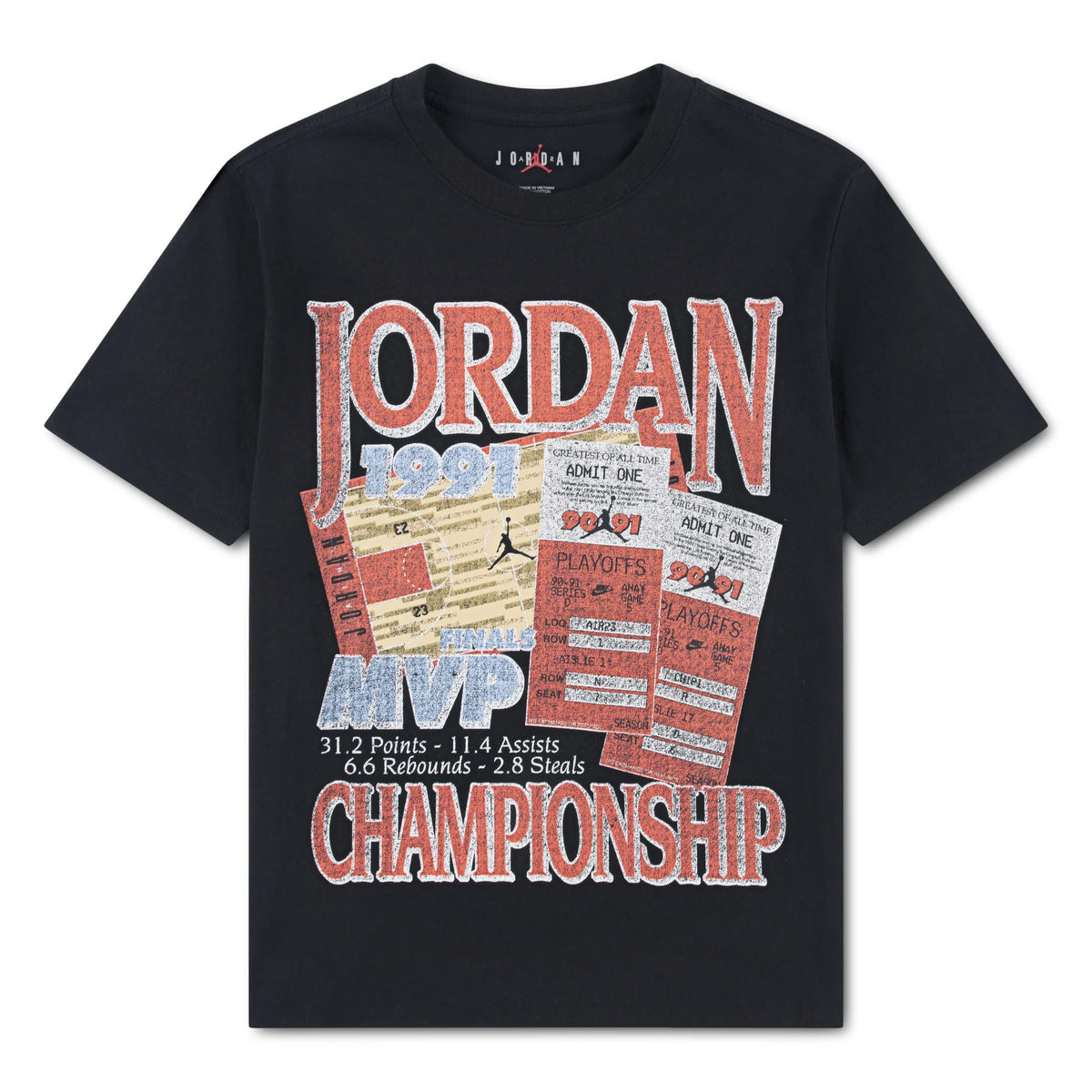 T-Shirt - Jordan noir à manches courtes avec imprimé graphique de journaux sportifs et mention Championship vue de face