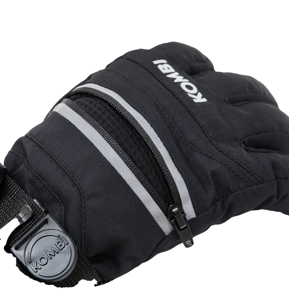 Mitaines d'hiver Yolo - Kombi noires avec bandes réfléchissantes grises et fermeture éclair zippée vue rapprochée