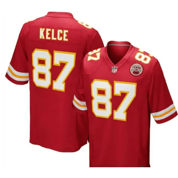 Jersey Football - Kelce rouge à manches courtes avec numéros blancs et jaunes, col en V, pour garçon, vues face et dos.