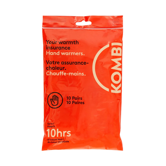 Chauffe-mains en sachet plastique orange avec texte en noir et beige, 10 paires, vue de face