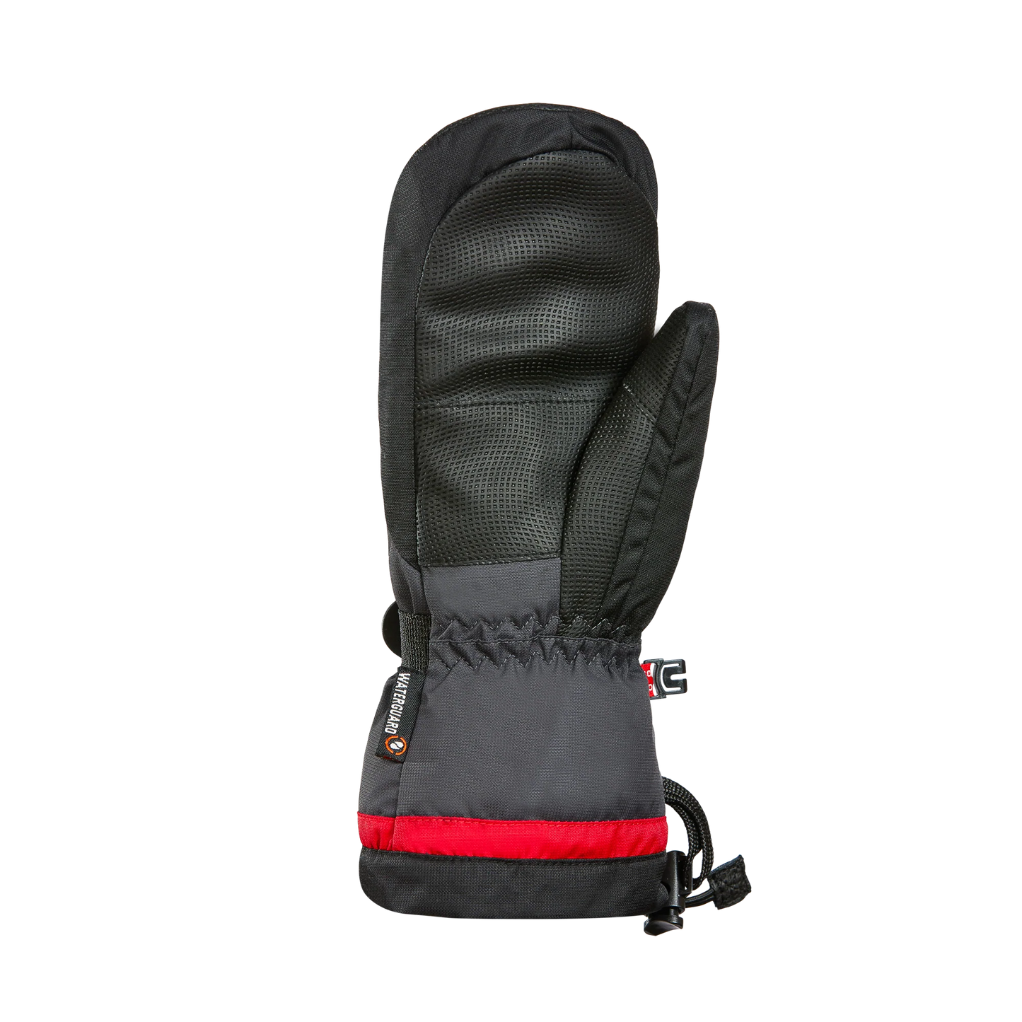 Mitaines d'hiver The Original - Kombi noires et grises avec bande rouge, paume en cuir synthétique, vue de dessus.