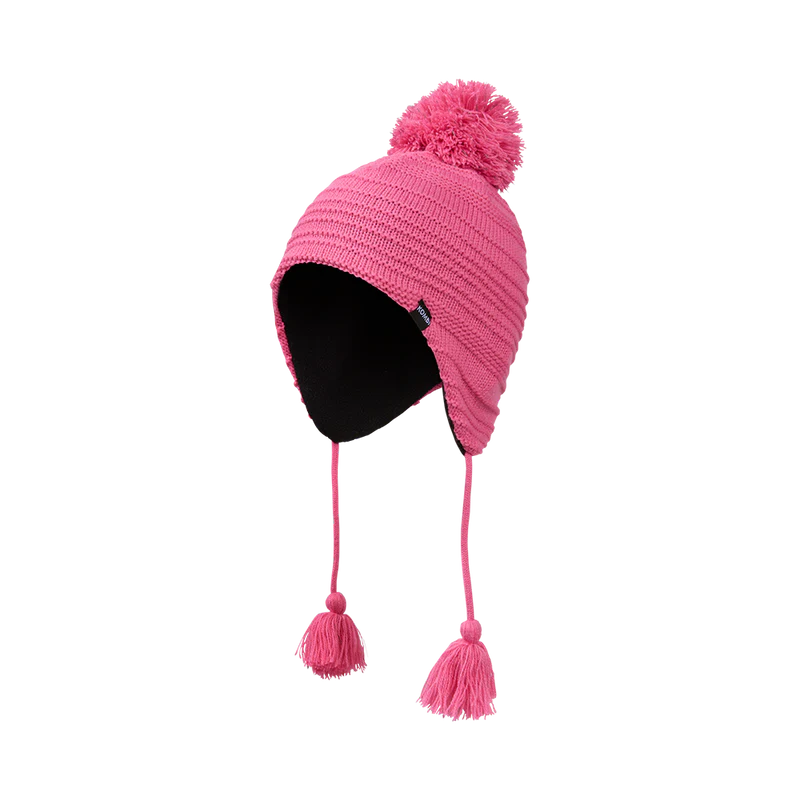 Tuque d'hiver avec pompon réfléchissant - Kombi rose en acrylique doublure molleton, style oreillettes, vue de profil gauche