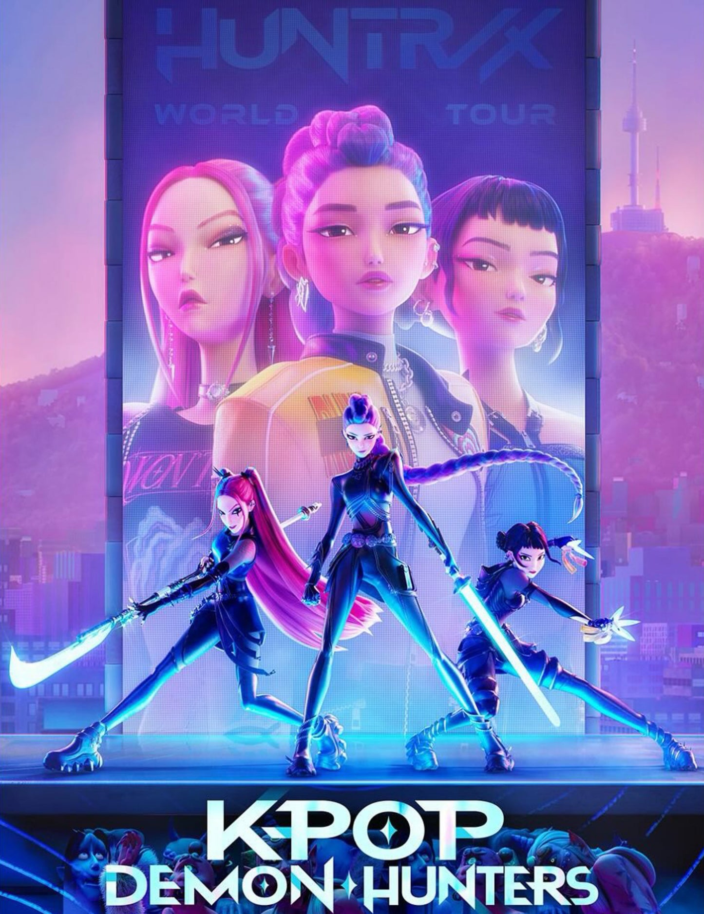 Serviette microfibre - K-Pop avec personnages animés colorés violet et bleu, style graphique moderne, vue de face.