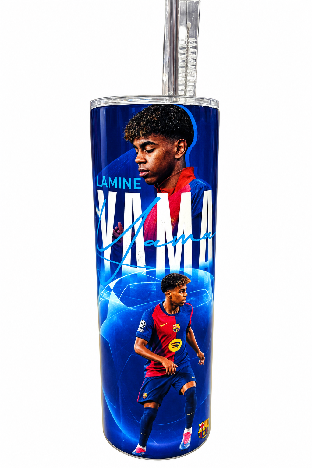 Bouteille isotherme - Lamine Yamal bleu et rouge avec images du joueur en action et haut transparent, vue de face.